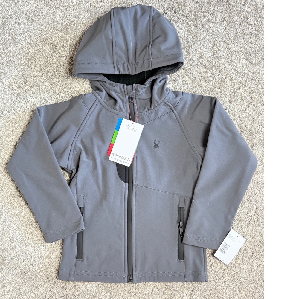 Spyder Kids Grey Softshell Hooded Jacket Full Zip Fleece Lined 4T New with Tags